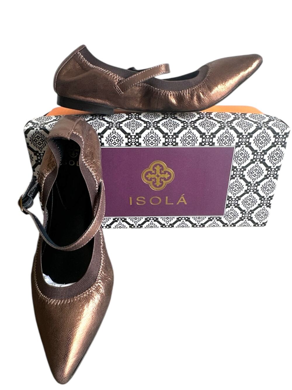 Isola Palletteri Copper Metallic Leather Mary Jane Flats Sz 7 Pointed Toe NIB
